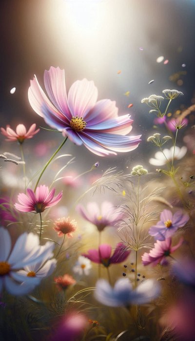 Cosmos flowers blooming in sunlit meadow with soft focus and bokeh