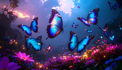 Magical garden glows with blue butterflies & luminous flowers