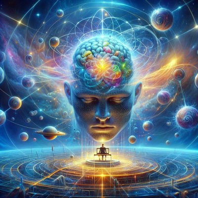 Meditative figure under giant head with colorful brain in cosmic setti