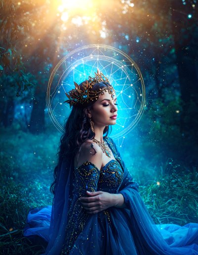 Mystical celestial queen in gold and blue, bathed in forest light.