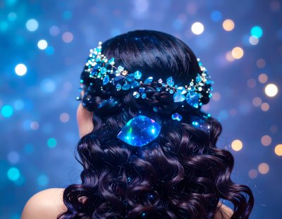 Woman, blue crystal hair, dark curls, bokeh, wonder