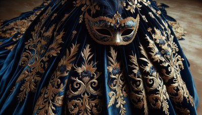 Blue velvet dress with gold embroidery and masquerade mask