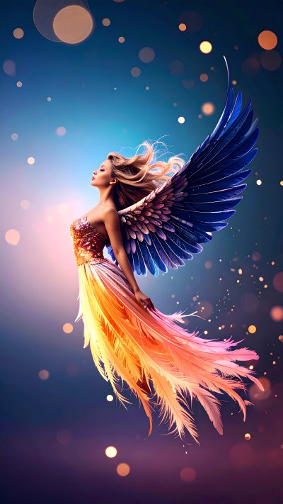 Ethereal woman with large blue and rainbow wings flying in light.