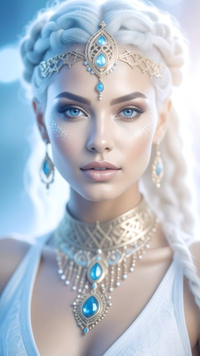 Ethereal woman with white braided hair and elaborate fantasy jewelry