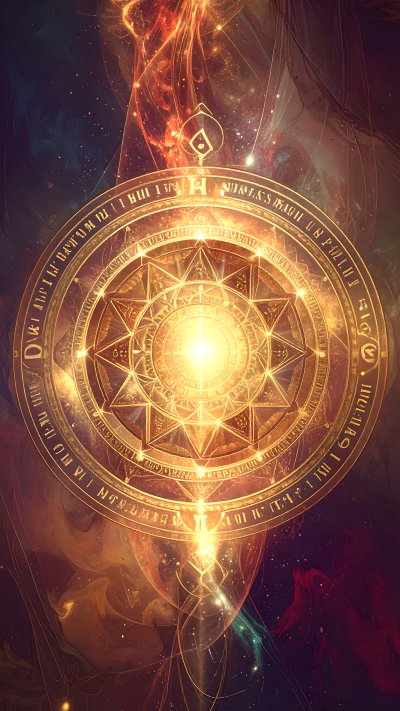 Mystical golden wheel, radiant light, intricate symbols