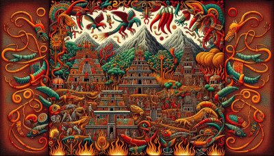 Mesoamerican city illustration with pyramids, figures, creatures, bord