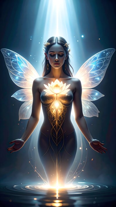 Ethereal spiritual fairy woman with glowing wings and lotus on chest
