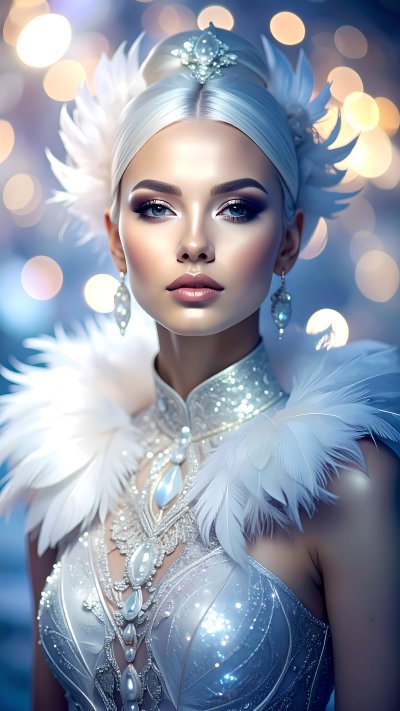 Glamorous winter queen portrait in feathered & jeweled silver costume