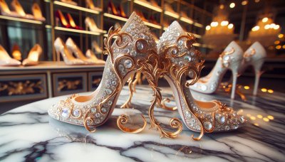 Luxurious crystal and gold high heels on marble in boutique