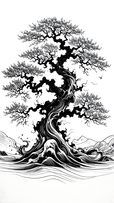 Ancient twisted ink tree rooted in stylized waves, mountains, birds