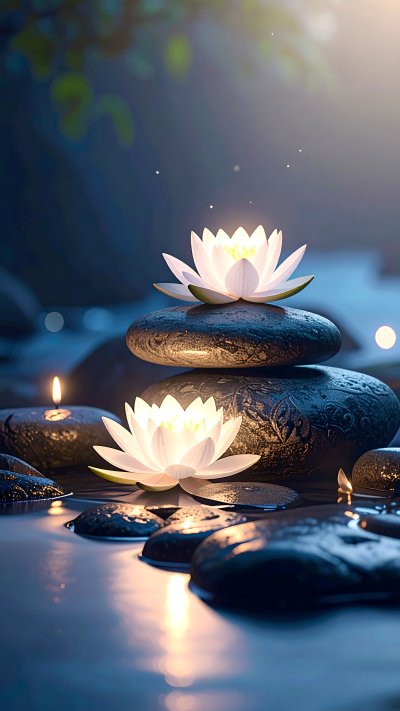 Glowing lotus flowers on stacked stones in dark water with candles