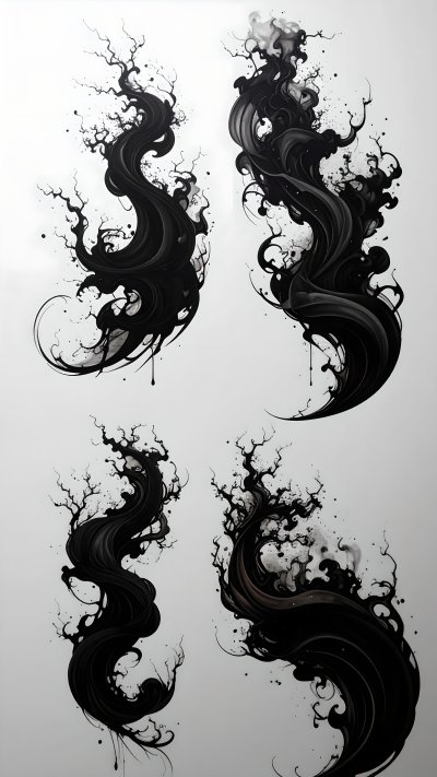 Abstract black swirling ink forms with branching tendrils on white.