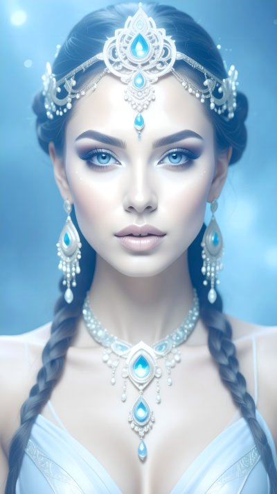 Woman with silver and blue gemstone jewelry, braided hair