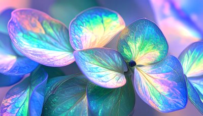 Enchanting holographic petals in soft pastel light, evoking wonder
