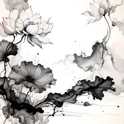Ethereal ink wash of delicate lotus flowers and leaves