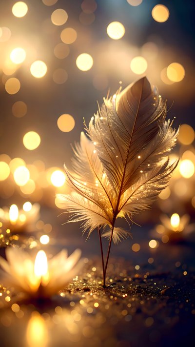 Ethereal feathers with golden light, sparkle, and bokeh lights