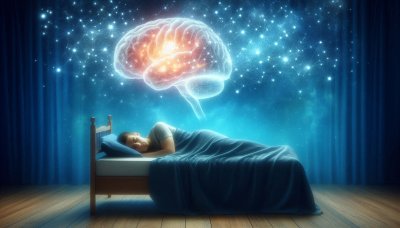 Sleeping person with glowing brain and constellations, dreams and subc