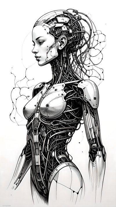 Black and white illustration of female cyborg with exposed mechanics