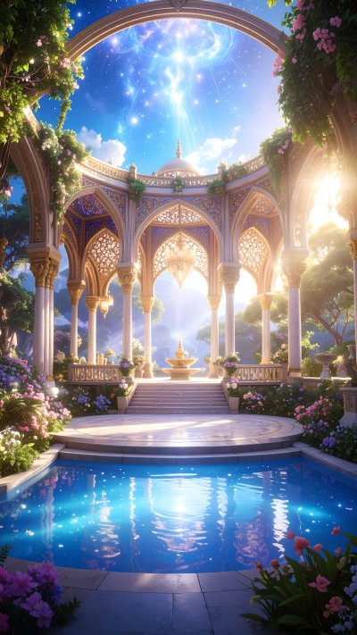 Ornate magical garden with pool and celestial sky