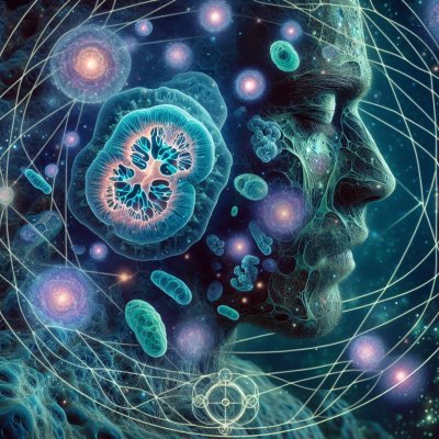 Human profile with cells and cosmos, symbolizing self and universe