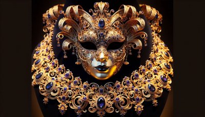 Golden Venetian mask with blue jewels on a dark background