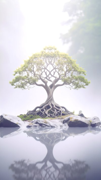 Resilient tree w/ exposed roots on rocky island in calm water w/ re...