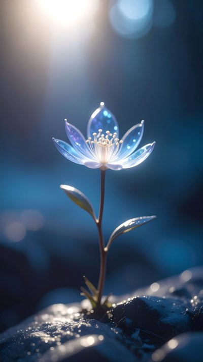 Magical glowing blue flower with sparkling petals in forest light