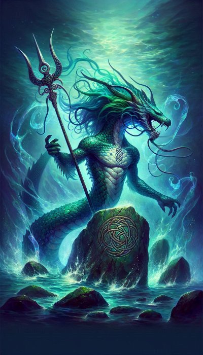 Sea dragon creature with trident on rock in dark water fantasy art