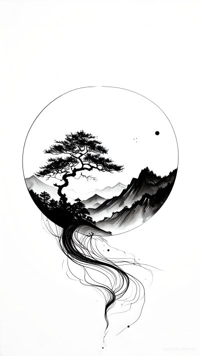 Black and white ink Japanese landscape with pine tree in a circle