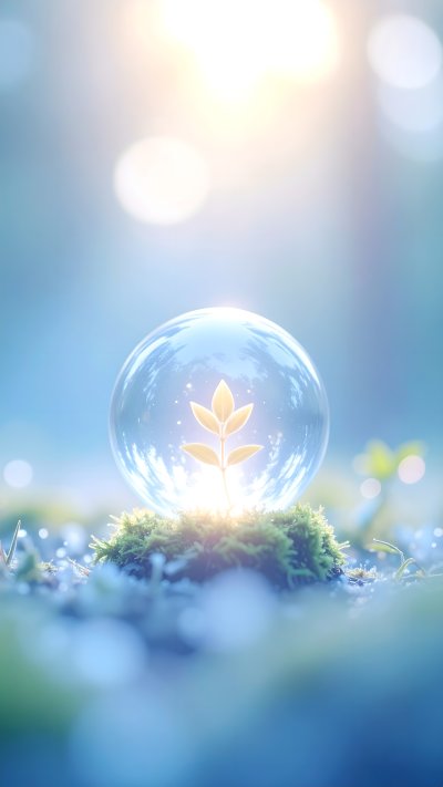 Glowing plant sprout in crystal sphere on moss with bokeh lights