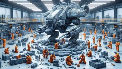 Massive futuristic mech assembly by workers in industrial hangar