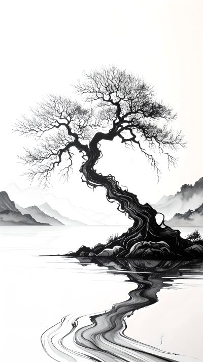Black and white ink painting of twisted tree by lake with mountains.