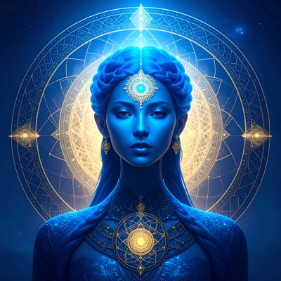 Mystic blue deity, gold, wisdom, cosmic power