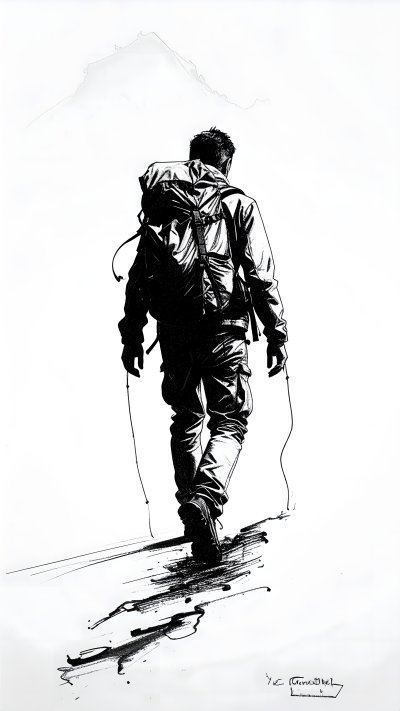 Ink illustration of a lone hiker walking towards a mountain peak