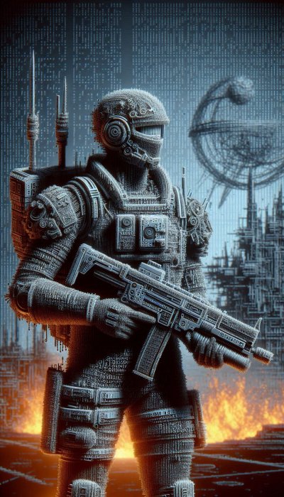 Futuristic soldier in circuit armor with rifle in digital city fire