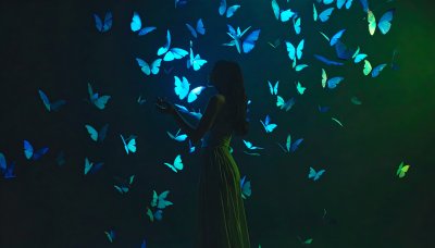 Woman enchanted by glowing butterflies in dark forest