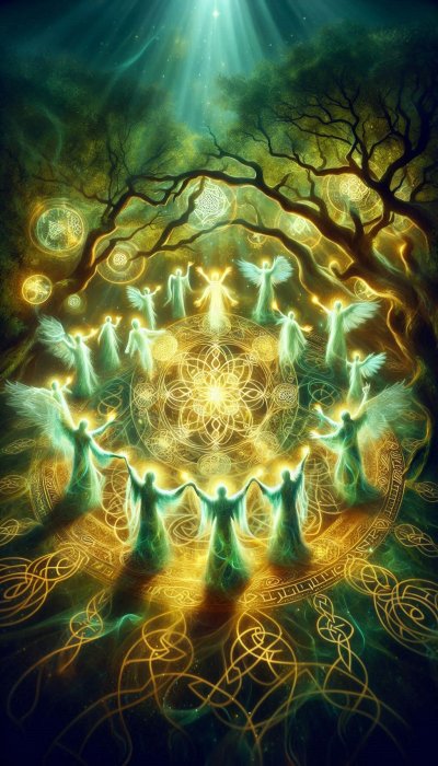Angels circle a golden Celtic mandala under a glowing tree