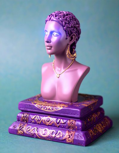 Mystical purple bust with gold jewelry on ornate books