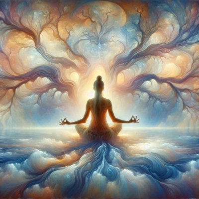 Meditating woman amidst swirling clouds, symbolizing spiritual enlight