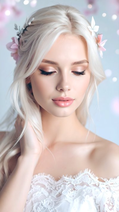 Ethereal blonde woman, closed eyes, white lace, floral hair