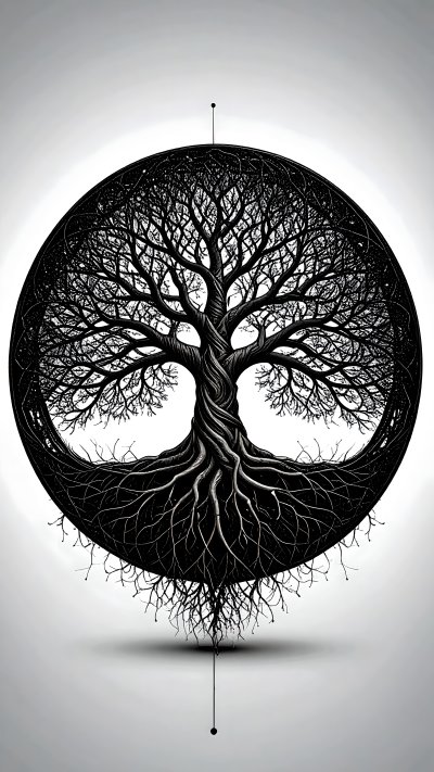 Intricate black and white Tree of Life in a circle illustration