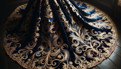Velvet gown with golden embroidery and masquerade mask on wood