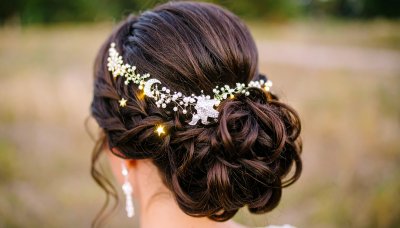 Bridal updo with celestial hairpiece