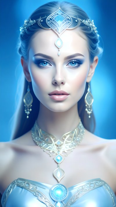 Ethereal ice queen with silver and blue gemstone jewelry