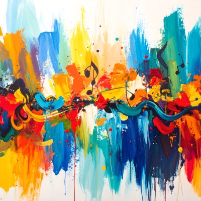 Vibrant abstract painting with bold brushstrokes and musical notes.