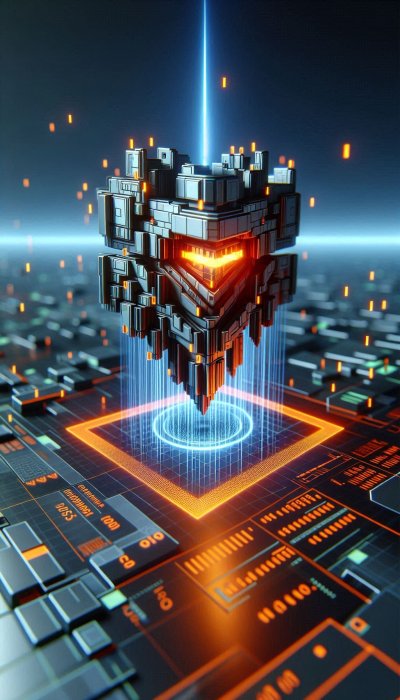 Complex tech cube over circuit board with glowing beam