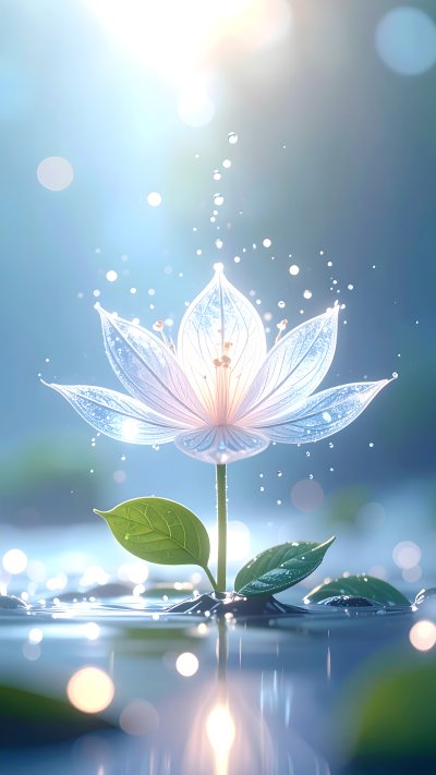 Ethereal glowing lotus flower in water with droplets and bokeh