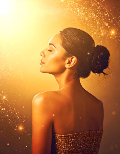 Woman in golden light, eyes closed, with floating golden sparkles.