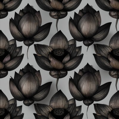 Seamless pattern of dark watercolor lotus flowers on light grey bac...
