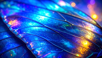 Magical iridescent blue butterfly wing with bokeh highlights